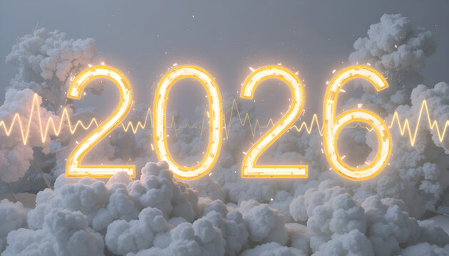 Glowing 2026 numbers with yellow waveform and white clouds year light