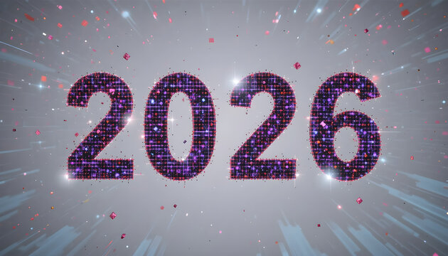 Glowing 2026 numbers with purple glitter and confetti image