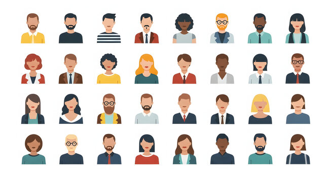A vibrant collection of modern flat design user avatar icons, showcasing diverse individuals, genders, and professions, ideal for digital profiles, social media, and business applications