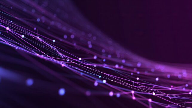 Dynamic purple network with glowing nodes conveying futuristic tech, ideal for modern communication and abstract science concepts