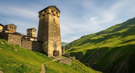 Ancient stone tower and buildings amidst verdant hills under blue sky