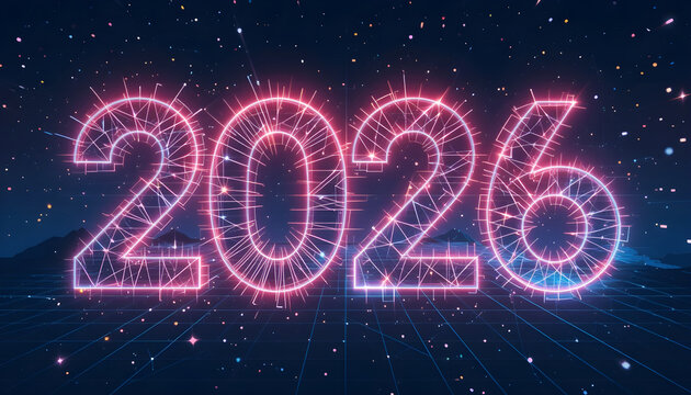 Glowing neon 2026 numbers with starry night background and grid year