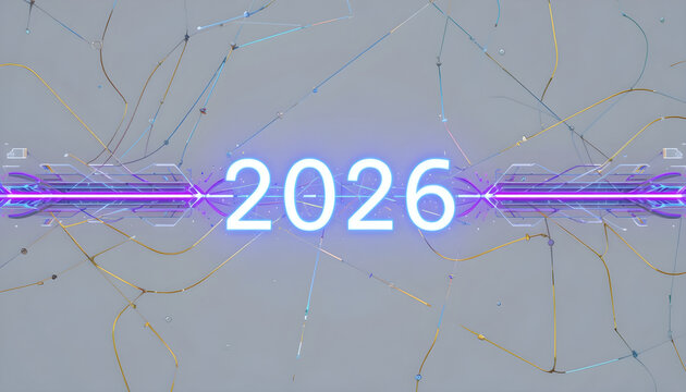Glowing neon 2026 text on abstract futuristic network background light