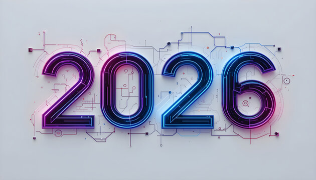 Glowing neon numbers 2026 with circuit board pattern light 1