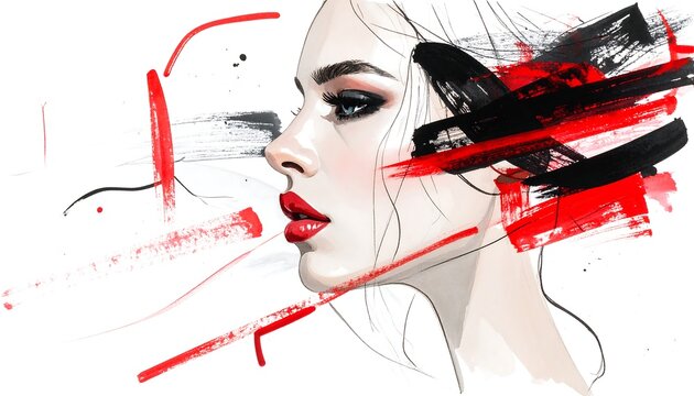 Stylized portrait of a woman in profile with red and black paint strokes against a white background
