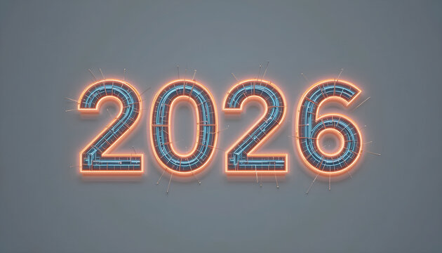 Glowing neon numbers 2026 with orange and blue light on gray background year