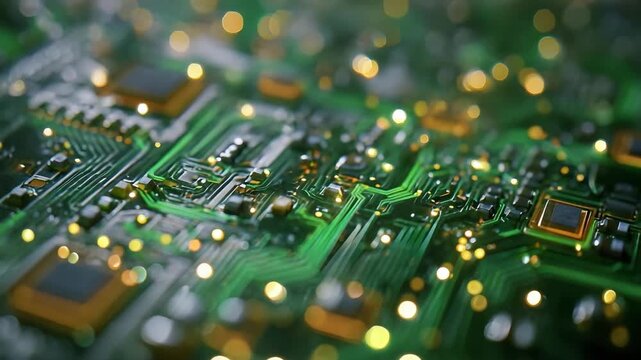 Close-up of a green printed circuit board with microchips, gold connectors and glowing solder joints.