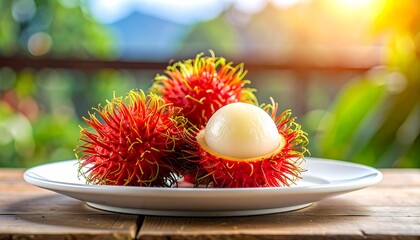 Three rambutan fruits, one peeled open, displayed on a white plate on a wooden surface, with a blurred green background.