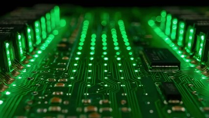 Close-up of a green printed circuit board (PCB) with many glowing green LEDs and dense circuitry. - Powered by Adobe