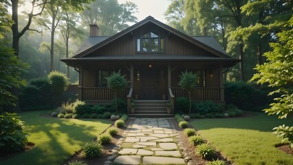 Rustic Wooden House in Lush Forest with Stone Path. Cozy Nature Retreat Home amidst Greenery and Trees.