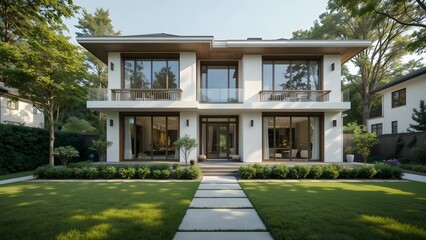 Contemporary luxury house with white facade, expansive windows, and manicured green lawn in a serene suburban setting.