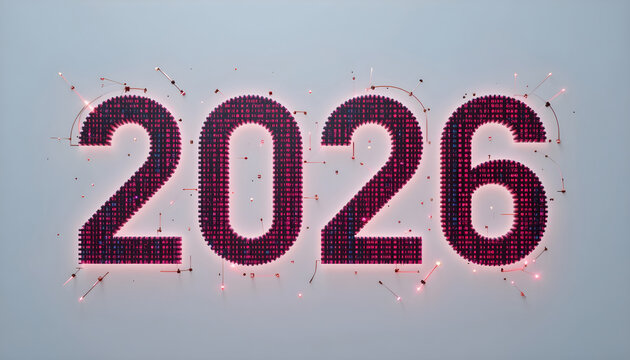 Glowing pink 2026 numbers with digital code texture and sparks year