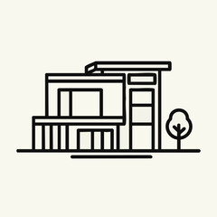 A sleek, minimalist line art illustration depicts a contemporary residential building with a flat roof and a small tree, representing modern architecture.