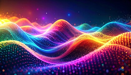 Fototapeta premium Abstract, undulating landscape of glowing particles, radiant with vibrant spectrum hues against a dark background