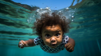 Underwater Young kid Fun in the Swimming Pool with Goggles. Summer Vacation Fun.
