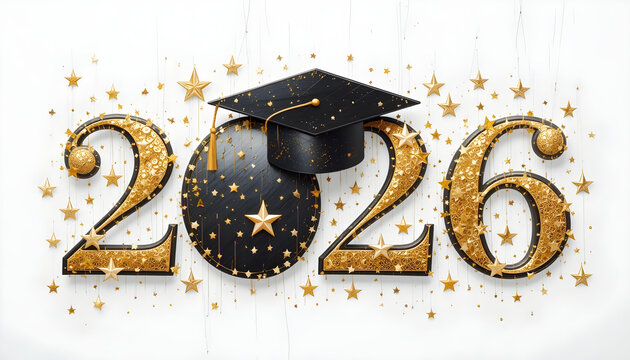 Gold 2026 numbers with graduation cap and stars mortarboard tassel