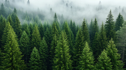 Fototapeta premium Lush green pine forest enveloped in mist, creating serene and peaceful atmosphere