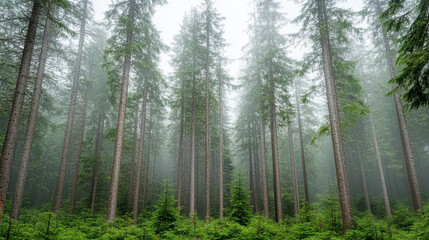 Fototapeta premium Lush green forest with tall trees shrouded in mist creates serene atmosphere