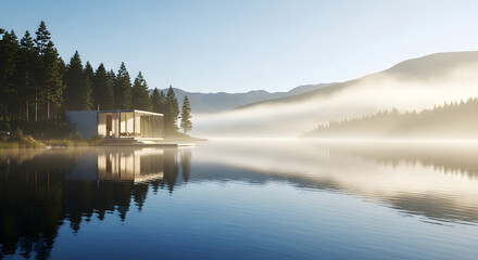 Fototapeta premium Modern architectural house on a serene lake, reflecting misty morning light and surrounded by evergreen forests, creating a peaceful and elegant natural retreat