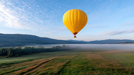 Fototapeta premium Vibrant yellow hot air balloon floats gracefully over misty landscape, surrounded by lush