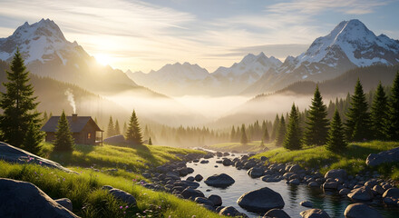 Serene Cabin Retreat in the Mountains A Picturesque Landscape of Nature's Beauty and Tranquility