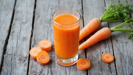 Fresh carrot juice on a wooden table, a healthy and vibrant beverage, rich in vitamins and nutrients, perfect for a refreshing start