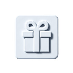 Fototapeta premium A light-grey, square button features an embossed, minimalist white gift box with a bow
