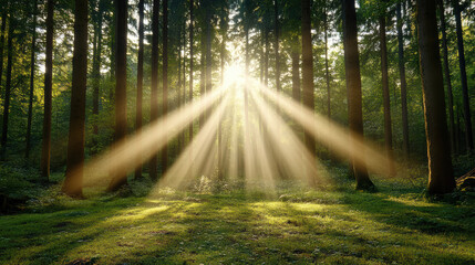 Fototapeta premium Sunlight streams through trees in serene forest, creating magical atmosphere