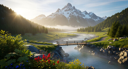 Golden hour glow illuminates a majestic mountain valley, where a serene river flows under a rustic wooden bridge, surrounded by vibrant alpine flora and towering peaks