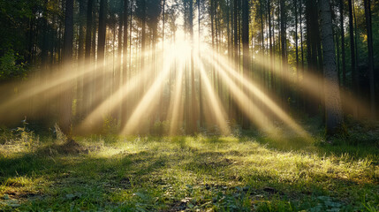 Fototapeta premium Golden light streams through tall trees in serene forest clearing, creating tranquil atmosphere