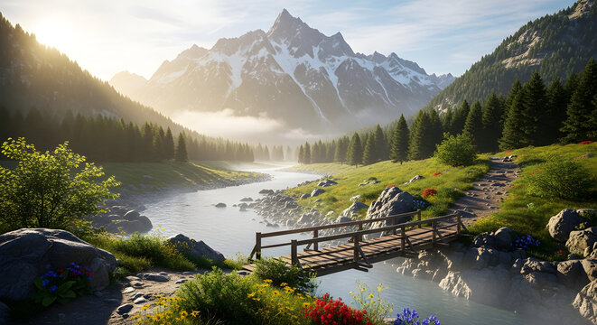 Idyllic mountain landscape with a river, wooden bridge, lush greenery, and snow-capped peaks under sunlight