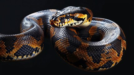 Obraz premium Close up of a coiled snake with brown and black scales against a dark background in studio shot