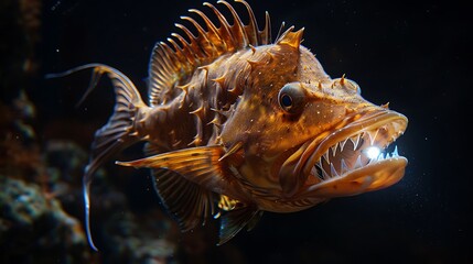 Fototapeta premium Fierce spiky sea creature with sharp teeth in deep dark water for aquarium promotion.