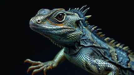 Obraz premium Detailed portrait of a vibrant blue-green iguana reptile showing intricate skin scales on black.