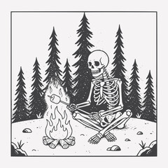 Skeleton Campfire in Forest – Surreal Tattoo-Style Wilderness Art for Stickers & Merch