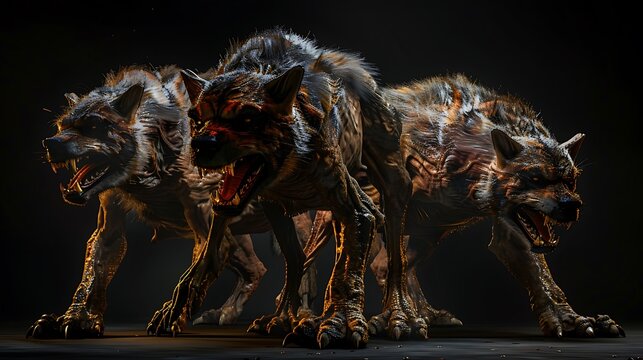 A menacing three headed wolf creature with sharp teeth and claws in a dark environment setting