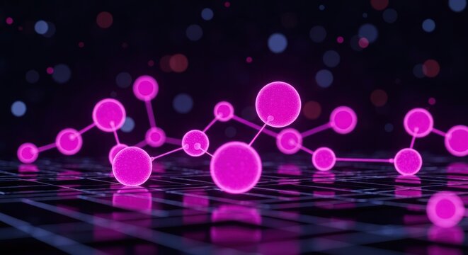 Glowing pink spheres connected by lines float above a grid, bokeh background