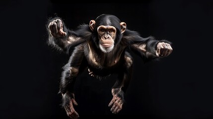 Energetic chimpanzee leaping forward with arms outstretched against a solid black environment.
