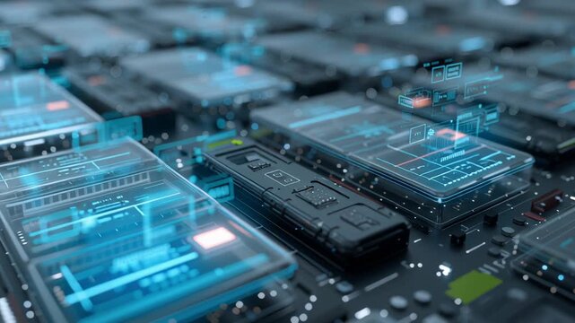 Close-up of micro structure battery array with AI analytical UI floating above surface, commercial article aesthetic, ai optimized energy storage