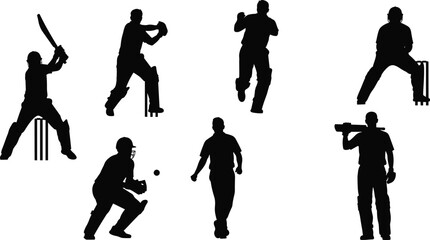 Cricket player silhouettes, batting, bowling, catching, wicketkeeping, black vector icons, sports action poses, stumps, dynamic movement, athletic gear