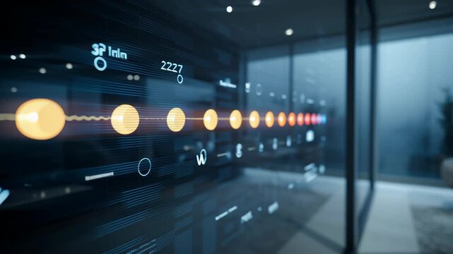 Close-up of predictive AI home automation timeline chart on translucent screen, premium modern tone, ai powered home automation