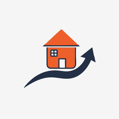 A vibrant orange house icon sits atop a dynamic upward-trending blue arrow, symbolizing significant growth and appreciation in the real estate market.