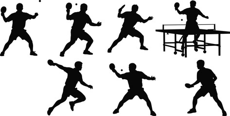 Table tennis player silhouettes, ping pong action, black vector icons, paddles, ball motion, sports poses, agility, reflex, dynamic movement