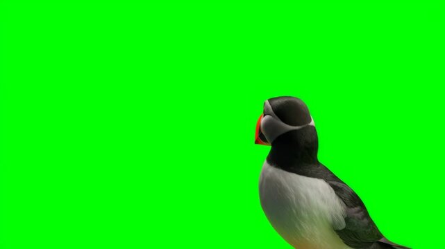 Adorable puffin walking on bright green surface in vivid studio scene