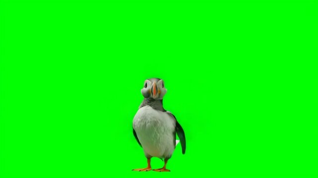 Puffin standing gracefully on bright green surface in creative studio setup