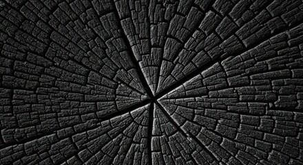 Obraz premium Abstract texture of charred wood with radial cracks, black and white