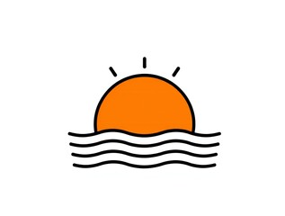 Fototapeta premium Simple cartoon illustration of a bright orange sun rising over wavy water