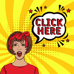 Comic book explosion with text Click here, vector illustration. Vector bright cartoon illustration in retro pop art style. upcoming events in pop art style. Click here, web banner