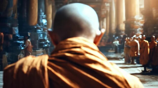 Back view of a bald monk in orange robes in a temple, with blurred worshippers in the background.