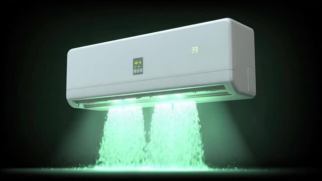 A white air conditioner projects green, glowing streams of air downwards. Dark background